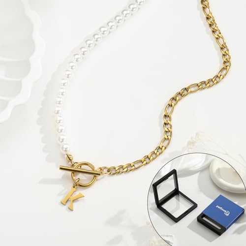 Pearl Initial Necklaces for Women 18K Gold Stainless Steel Letter A-Z Pendant Figaro Chain 16+3 Inch Jewelry Gift for Her4