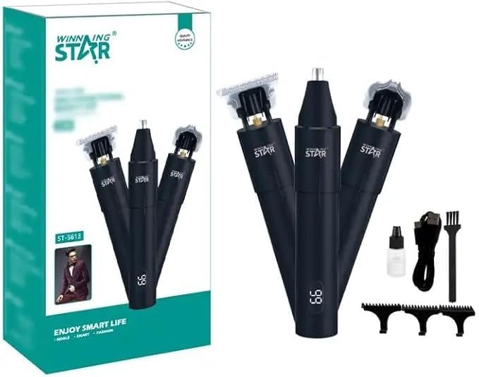 ST-5613 3-in-1 Hair Clipper & Nose Trimmer |Black | Detachable Magnetic T-Blade | Digital Display | TYPE-C Port | 4 Guide Combs | Small Brush & Oil Bottle Included