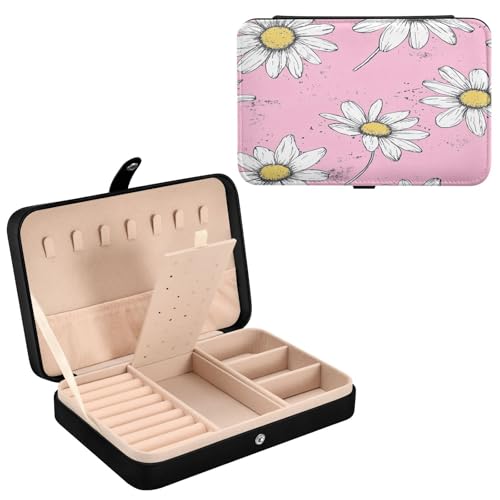 Haskirky Daisy Flower Jewelry Box Portable PU Leather Travel Jewelry Organize for Women Jewelry Storage Display Holder for Ring, Necklace, Earring
