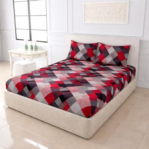 Image of DECOR2ADMIRE 300TC Premium Glace Cotton Printed Super King Size Double Bedsheet with Two Pillow Covers, 108 * 108 Inches or 9ft by 9ft or 275 cm x 275 cm (Red Multi Checkers)