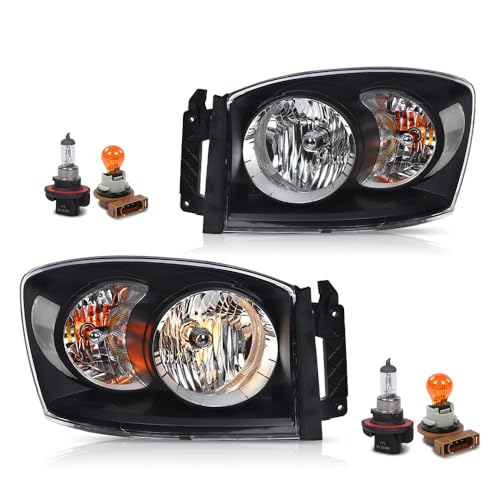 Image of GRAND ORANGE Headlights Assembly w /Bulbs Left and Right Side Compatible with Dodge Ram 1500 Truck 2006-2008 Fit for Dodge Ram 2500 3500 Truck 2006-2009 Clear Lens Black Housing Clear Reflector