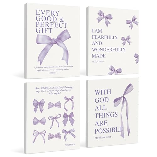 Image of LARTSFRO Coquette Purple Bow Canvas Wall Art Decor Prints Posters, Purple Bow Room Bedroom Bathroom Dorm Wall Art Decor Aesthetic for College Teen Girls Gifts, Inspirational Bible Verses Bow Wall Decor, 11x14 Inch Set of 4 Pcs Bow Pictures (Canvas Framed 11X14)