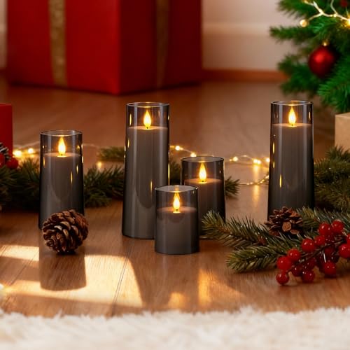 Image of Raycare Flameless Candles Battery Operated with Remote Timer, Acrylic Flickering LED Pillar Candle for Christmas Decoration, Home Decor, Gift for Family and Friend, Grey, Set of 5