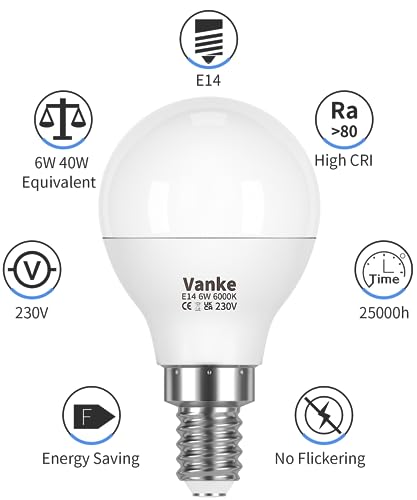 Vanke E14 LED Light Bulb, Cool White 40W Equivalent Golf Ball Bulbs, 6W SES Energy Saver Bulb, 6000K, 470 Lumen, Non-Dimmable, 3-Pack - Image 3