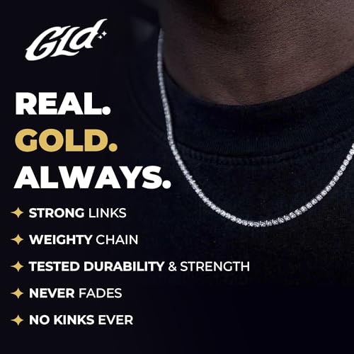 GLD Round Cut Tennis Chain Necklace - Iced Out Chain for Men and Women in Yellow, White and Rose Gold from Micro to 5MM, 16”-24” - Available in Canary, Iced and Pink Iced2