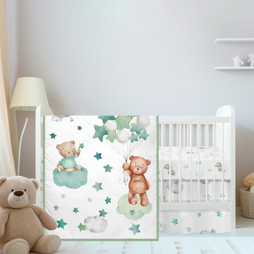 Image of Mixweer 3 Pcs Crib Bedding Set for Boys Include Cloud Balloon Bear Theme Crib Sheets, Crib Skirt, Comforter for Boys Girls Baby Nursery Mini Crib Bedding Set