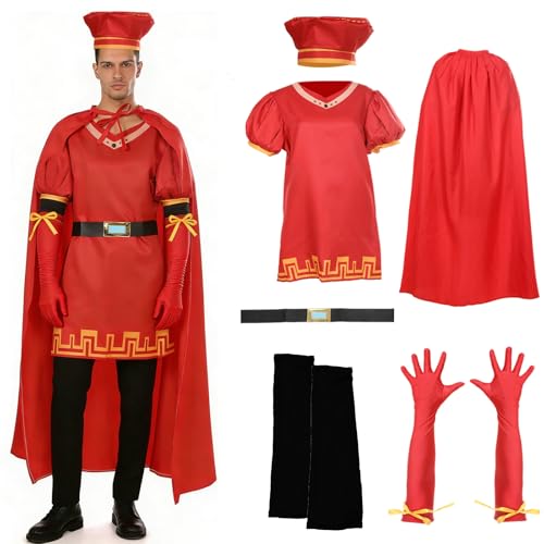 AENEY Adult Lord Farquaad Costume 6PCS King Outfits Set with Red Hat Cape Gloves Belt Fancy Dress Up for Halloween Party Cosplay (Large)