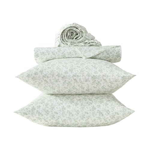Image of Laura Ashley - King Sheet Set, Ultra-Soft Bed Sheets with a Naturally Silky Smooth Cotton Sateen, Deep Pockets, Floral Bedding with Matching Fitted Sheet & Pillowcases (Floral Toile Green)