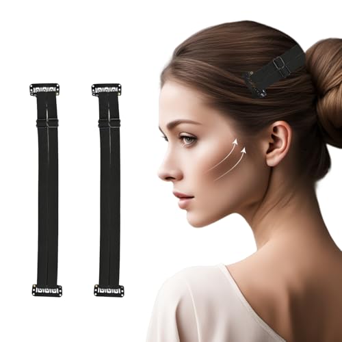 YTBYT 2 Pcs Facelift Bands with Clips Invisible Face Stretching Lifting Strap Adjustable Elastic Band Face Slimming Band (24cm Black Double Bands)