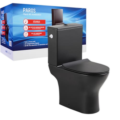 sanicomfort Stand-WC Kombination Paros spülrandlos mit Softclose WC-Sitz & Spülkasten schwarz | Tiefspüler mit waagerechtem Abgang | Komplett-WC Set Bodenstehend