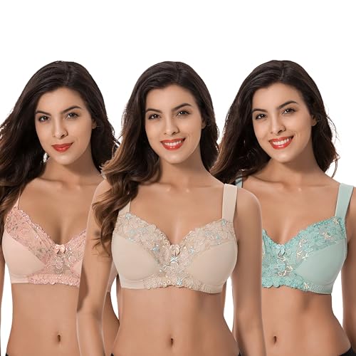 Image of Curve Muse Plus Size Minimizer Unlined Wireless Bra with Lace Embroidery-3Pack-Sage,Nude,Blush-34B