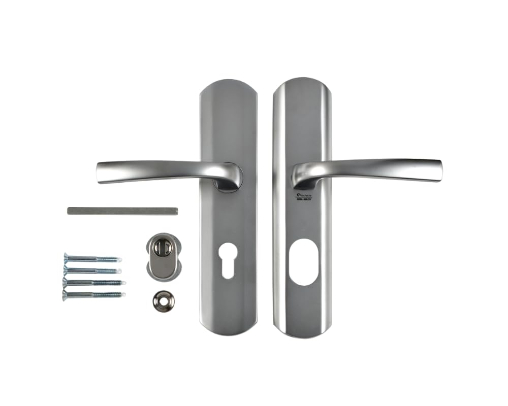 Vachette MUZE -Poignée de porte blindée sur Plaque pour porte d'Entréee - Version Clé I - Entraxe 195 mm - Matériau Zamak Résistant - Finition Chrome Velours - Garantie 10 Ans