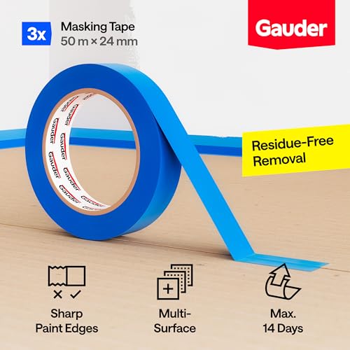 GAUDER Masking Tape for Painting - Painter's Tape for Precise Edges - Professional Solution for Decorating, Renovating and DIY Projects (3 Rolls - 24 mm x 50 m)