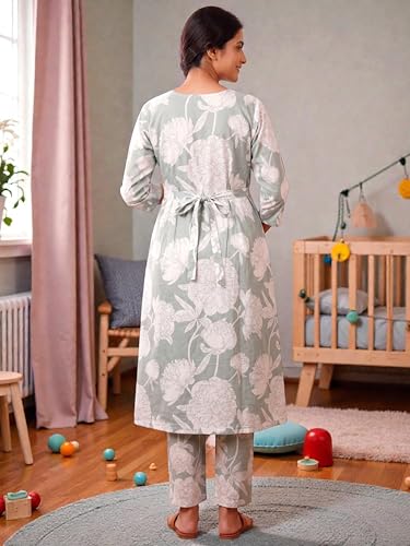 Image of RITIJYA Pure Cotton Feeding Kurta Pant Set for Women | Floral Anarkali Pregnancy Dress with Concealed Nursing Zipper Side Pocket | Pre & Post Partum | Maternity Dresses | Baby Shower Outfit
