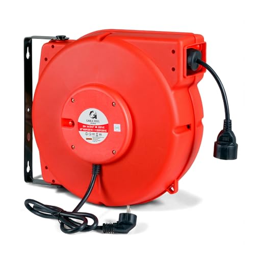 G Enrouleur de Câble Automatique 20 m x 2,5 mm² – Enrouleur Rétractable avec Support Mural Pivotant, 1600 W Enroulé / 3200 W Déroulé