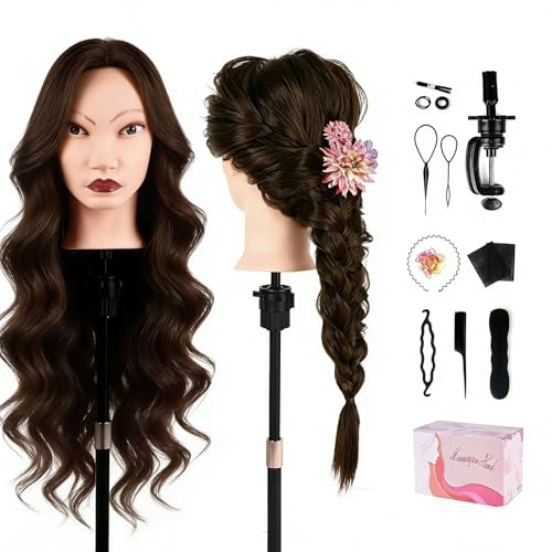 Image of Mannequin Head with 90% Human Real Long Hair, Cenoz 26 inch Hairdresser Cosmetology Training Head with Stand and Tool, Manikin Training Practice Head, Doll Head for Hair Styling Braiding DIY（Dark Brown）