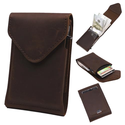 OLDIES ROAD Slim Cash Wallet for Men - Compact Wallet with Rfid Blocking Pop Up Card Holder Box - Flap Magnetic Closure - Full Grain Leather (Dark Brown)