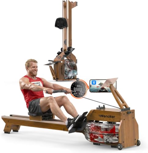 Image of Water Rowing Machine for Home Use, WENOKER Wooden Foldable Rower Machine with Dedicated Monitor & Bluetooth APP, Large Water Tank & Comfortable Seat for Immersive Water Rower, 350LBS Weight Capacity