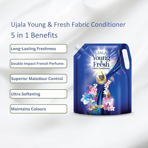 Image of UJALA Young & Fresh Fabric Conditioner - 2L Pouch [ Bliss ] | After Wash Fabric Conditioner with Long-Lasting Fragrance | Powered with French Perfume | for Bucket Wash and Machine Wash,Liquid