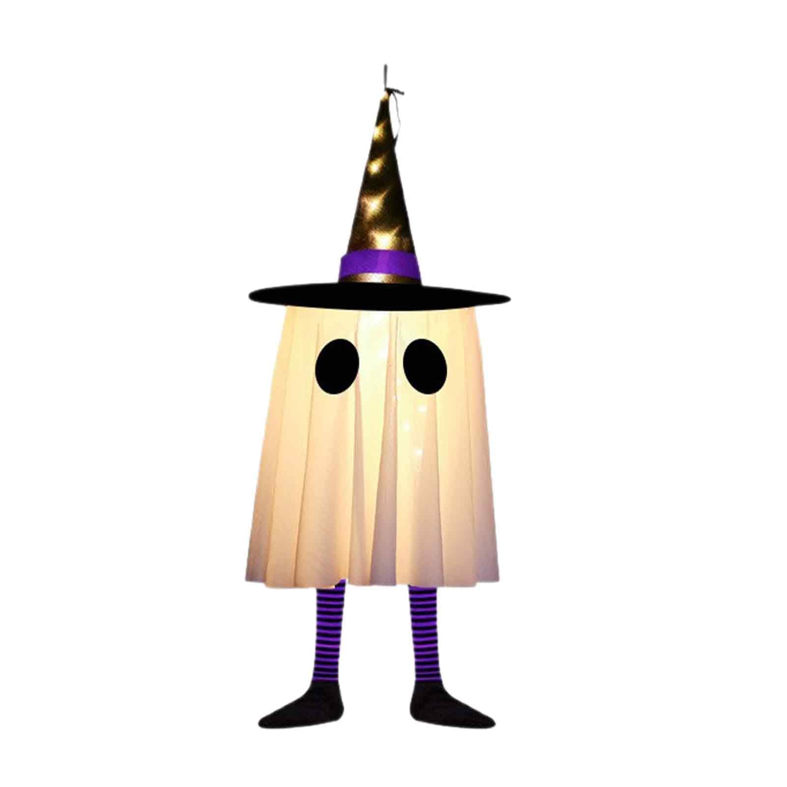 Tuxoiou Halloween Hanging Ghost Decoration, LED Lighted Spooky Ghost with Witch Hat & Legs, Indoor Outdoor Porch Tree Decor Purple