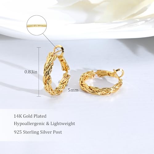 Twisted Gold and Silver Hoop Earrings for Women, 14K Gold Plated, Lightweight & Hypoallergenic, Vintage Round Hoop Jewelry for Sensitive Ears4