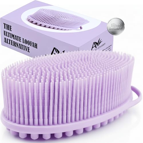 Image of Avilana Silver Edition Body Scrubber - Silver-Ion Infused Silicone Shower Brush, ISO Tested Dual Sided, Stays Fresher Longer, SGS Certified Gentle Exfoliating Loofah Alternative Sensitive Skin Women