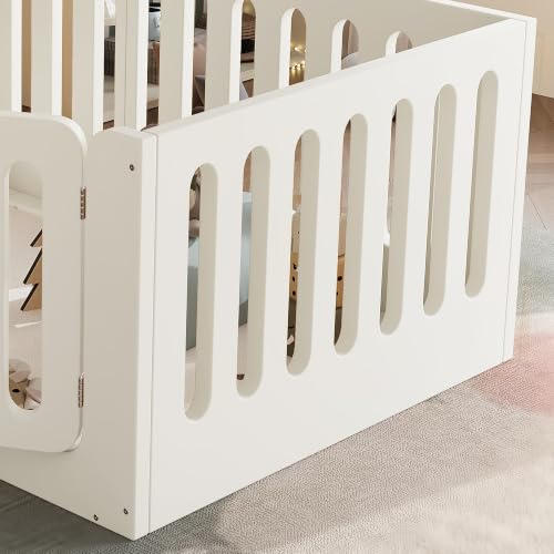 Image of Bellemave Twin Montessori Floor Bed Frame,Beige | Solid wood kids montessori floor bed with high safety fence & door, low to ground design for girls and boys