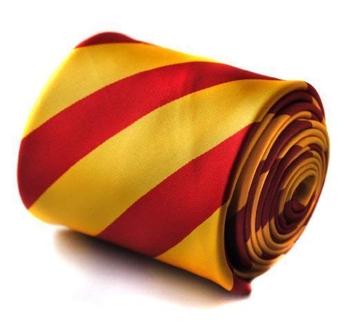 Frederick Thomas Men's Yellow And Red Barber Stripe Tie With Signature Floral Design On Reverse, Microfibre ’S Necktie For Office, Weddings Or Formal Events, Classic 8Cm Width