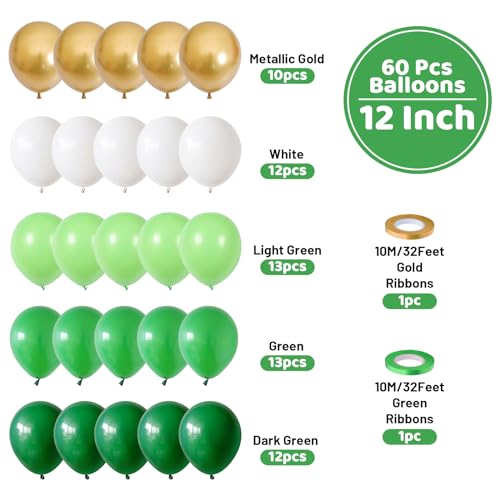 Image of Funhot Green Balloons Set, 60 Pcs Green Gold White Balloons, 12 Inch Dark Green Emerald Green Lime Green Metallic Gold Latex Balloons for Jungle Forest Birthday Baby Shower Wedding Party Decorations