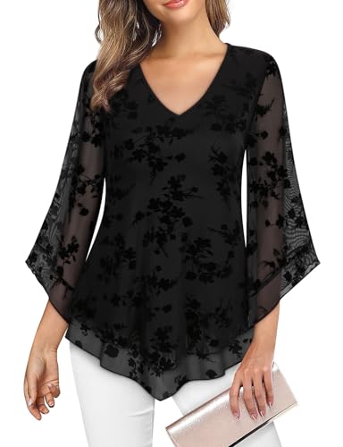 Viracy Plus Size Womens Wedding Guest Dressy Tops Casual Double Layers Elastic Mesh Blouse V Neck 3/4 Flared Sleeve Flowy Work Shirts for Women-Black Relief Flower, XXL