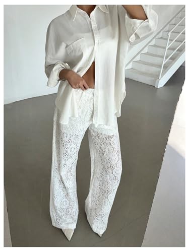 MakeMeChic Women's Summer Floral Lace Straight Leg Pants Elastic Waisted Elegant Trousers4