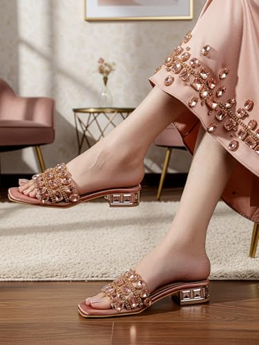 Image of ELLE Women's Embellished Gemstone Sandal - Low Heel Glamour Wedding Sandals