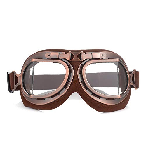 Lunettes de moto vintage classiques coupe-vent et anti-poussière, monture chromée, facile à démonter, pour homme et femme, sangle réglable, cuir synthétique marron, verres transparents Cover