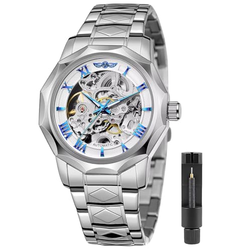 Image of Tiong Men Mechanical Watches Automatic Self-Wind Sliver White Transparent Fashion Mesh Steel Wristwatch Skeleton Male Hot Hour