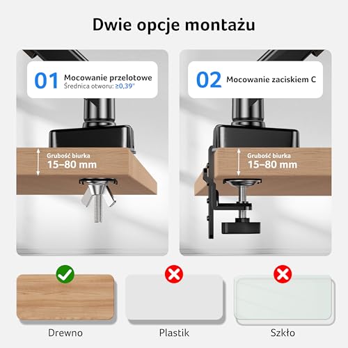 Acer Uchwyt biurkowy pojedynczy monitor do 17-34 cali, Sprężyna gazowa Ramię Obciążenie 2-9kg, Stojak regulacją wysokości z Pochylenie Obrót Obracania, VESA 75/100mm, Podstawa zaciskiem C/przelotką