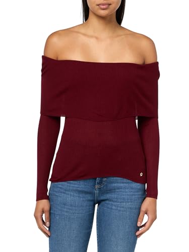 GUESS Women's Eco Long Sleeve Off Shoulder Rib Melanie Sweater, Siren Red Multi