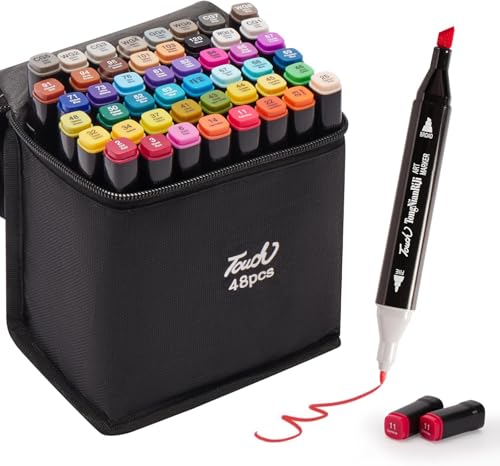 Image of FINEMOE Dual Tip Marker Set of 48 Alcohol Markers with Portable Storage Bag, Waterproof Sketch Pens for Kids, Artists & Students, Quick-Dry Colour Art Kit for Drawing, Journaling, Gifts for Girls (48)