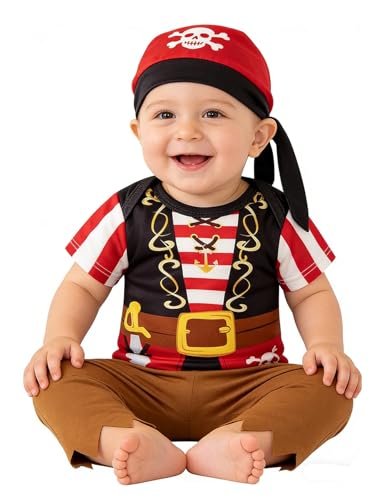 bakjuno Baby Boys Pirate short Sleeved Outfit Sea Buccaneer Clothes With Hat (12-18 Months)