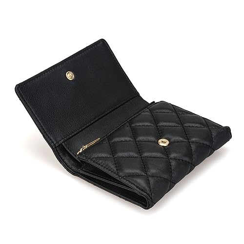 Luxury Quilted Leather Short TriFold Small Compact Wallet Credit Card Holder Coin Purse Business Card Holder Gift for Girl Women Black2