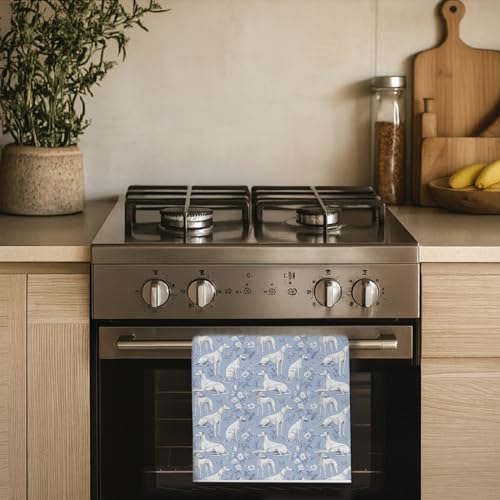 Image of Light Chinoiserie Greyhound Kitchen & Hand Towel, Whippet Dog Dish & Tea Towels,Blue Floral Dog Lover Gifts for Women, 16x24 Inch