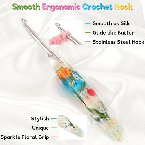 Katech 4.0mm Crochet Hook for Arthritic Hands, Hand-Polished Stainless Steel Ergonomic Crochet Hooks with Customized Sparkle Dried Floral Grip, Soft Tapered Hook-Crochet Gift for Beginner & Crocheter — view 3