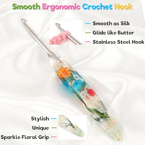 Image of Katech 5 PCS Crochet Hook Set with Case (4.0mm, 5.0mm, 5.5mm, 6.0mm, 6.5mm) | Hand-Polished Stainless Steel Crochet Hooks with Dried Floral Grip, Ergonomic Crochet Hook for Arthritic Hands & Beginners