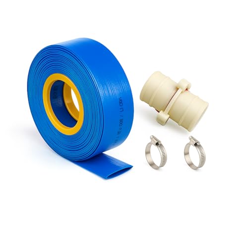 Manguera plana para descarga de agua, riego, pisicna y bombas de achique con accesorios de PVC y abrazaderas. (32mm T25m)