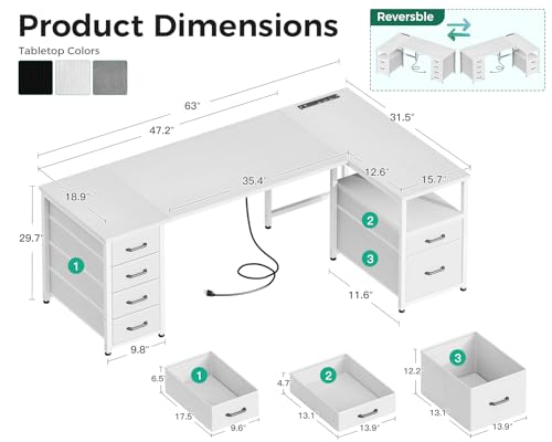 Coleshome L Shaped Computer Desk with 6 Drawers & Power Outlet, 63 Inch Office Desk with Reversible Storage Shelf & File Drawer, Home Office Desk, White by Coleshome - Image 3