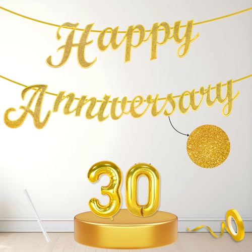 Image of Flyloons 30th Happy Anniversary Banner Gold Decorations Kit for Men Women Wedding Anniversary Banner Items without Balloons