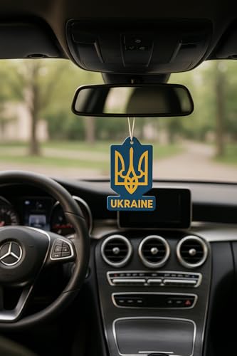 Image of Ukraine Car Air Freshener Pack of 3 | Tryzub Hanging Auto Decor | Blue and Yellow Scented Accessory (Black Ice)