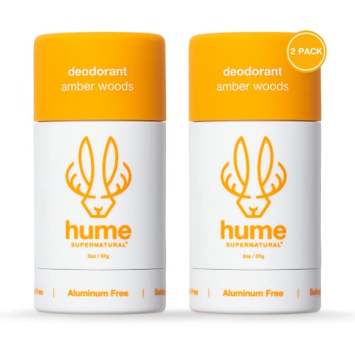 Hume Supernatural Natural Deodorant Aluminum Free for Women & Men, Natural Ingredients, Probiotic, Plant Based, Baking Soda Free, Aloe, & Cactus Flower, Anti Sweat, Stain & Odor â Amber Woods, 2 Pack