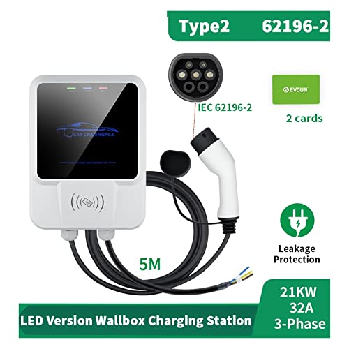 �d�C�����ԏ[�d�� EV �[�d�� Type2 62196-2 �v���O 7KW 16A 3 �� LED �o�[�W���� �E�H�[���{�b�N�X�[�d�X�e�[�V���� 5m �P�[�u�� �d�C������ �� �d�C�����ԃX�e�[�V����(21KW 3Phase T2)