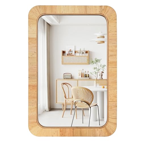 Espejo rectangular de ratán de 24 x 36 pulgadas para pared, espejo bohemio de baño/casa de campo, espejo decorativo irregular, adecuado para guardería, dormitorio, sala de estar, decoración del hogar