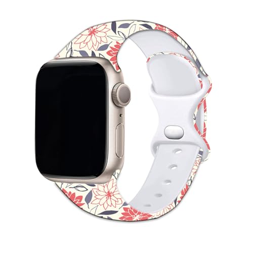 Silicone Floral Band Compatible with Apple Watch Bands 41mm 40mm 38mm for Women, Cute Flower Printed iWatch Bands, Fancy Dressy Sport Strap for Apple Watch Band Series 9 8 7 SE 6 5 4 3 2 1-Rose